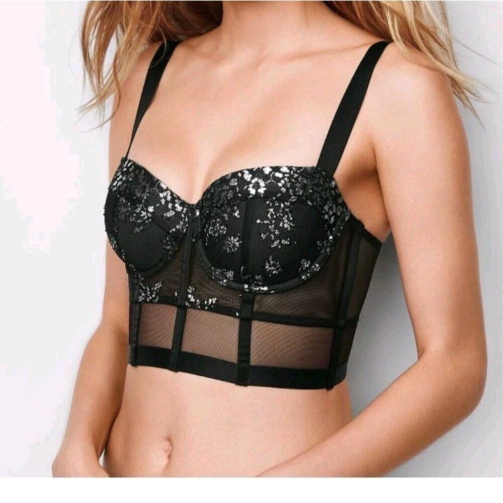 Victoria's Secret Bralette Black w/ Silver Metallic Mesh Overlay-Sz 34 B NWOT